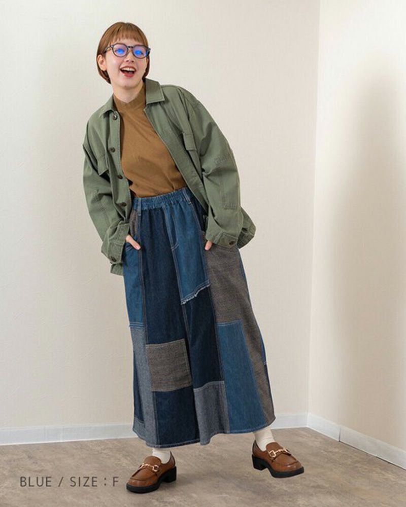 リメイク風パッチワークスカート デニム チェック コーデュロイ ウエストゴム 調整紐付き カジュアル ロングスカート