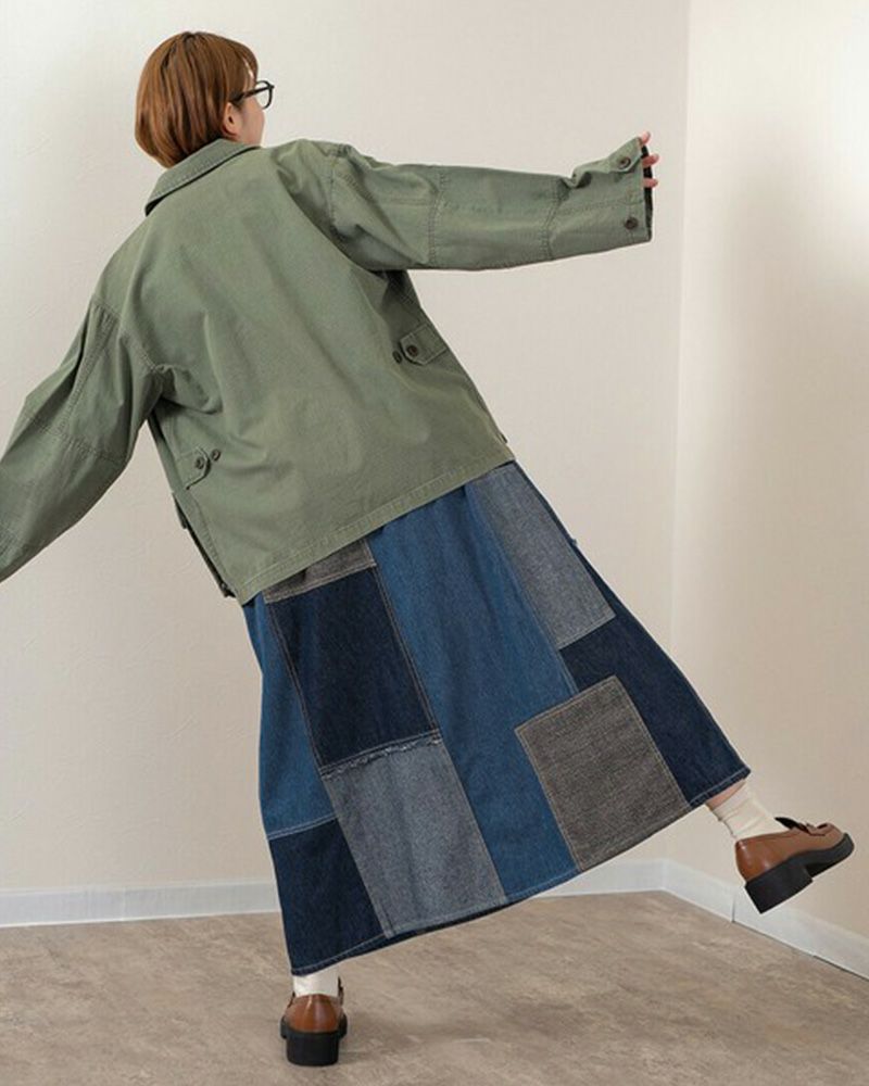 リメイク風パッチワークスカート デニム チェック コーデュロイ ウエストゴム 調整紐付き カジュアル ロングスカート