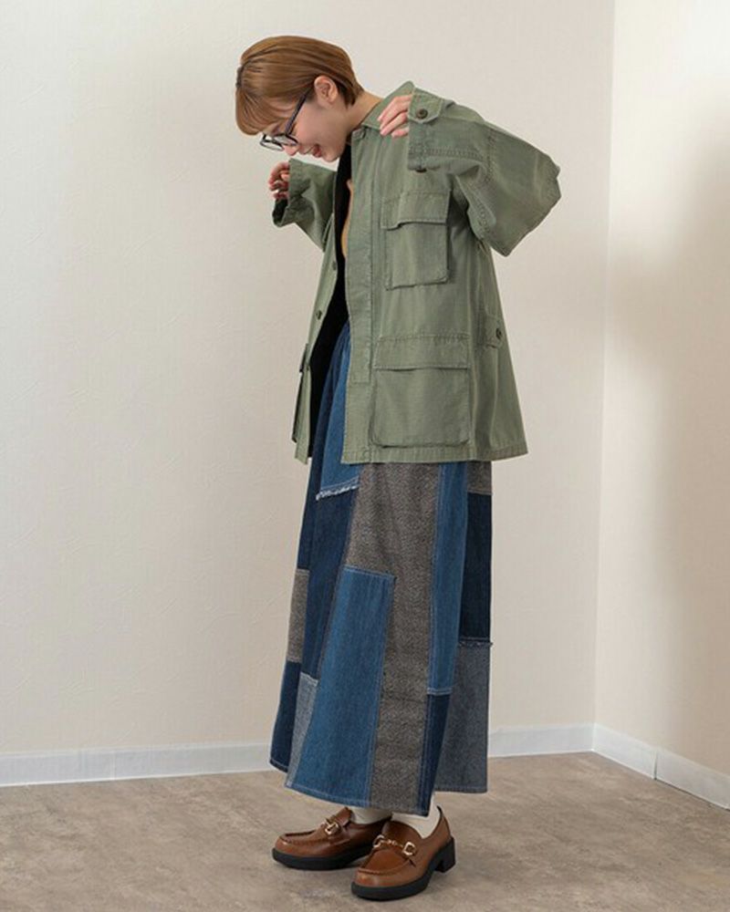 リメイク風パッチワークスカート デニム チェック コーデュロイ ウエストゴム 調整紐付き カジュアル ロングスカート