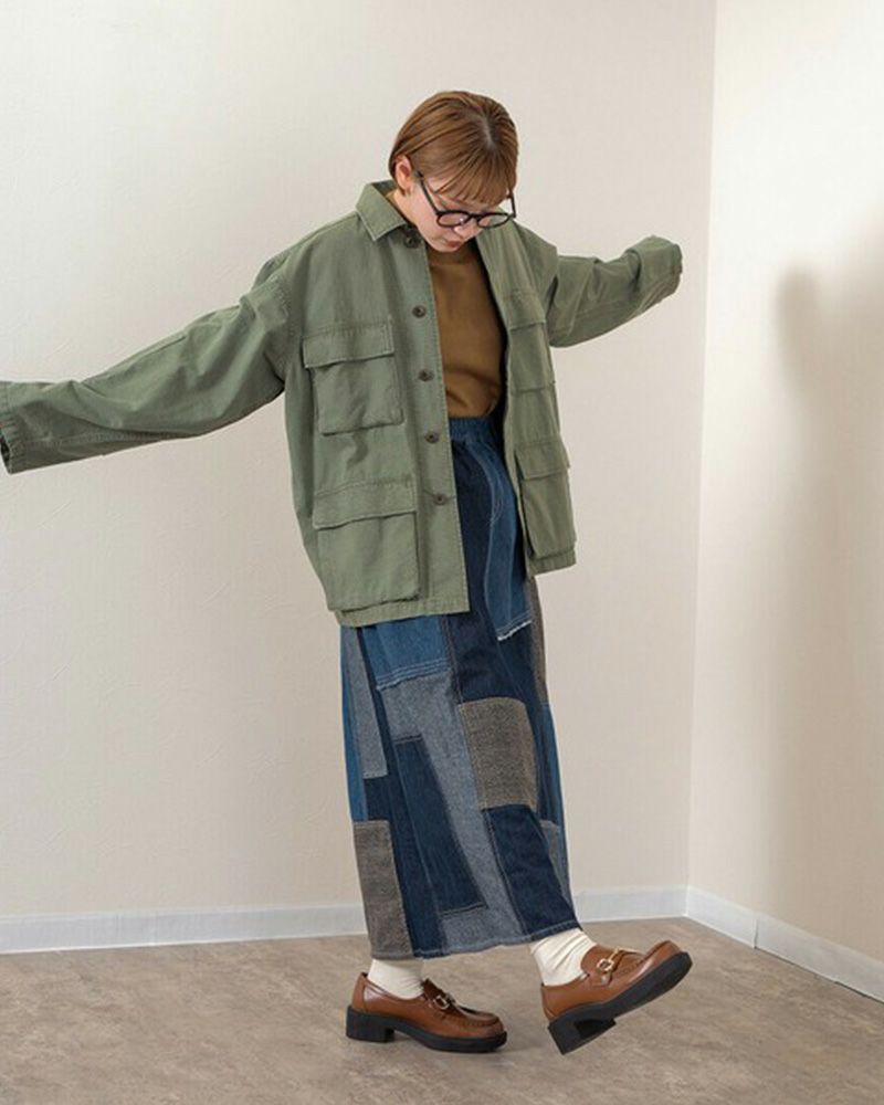 リメイク風パッチワークスカート デニム チェック コーデュロイ ウエストゴム 調整紐付き カジュアル ロングスカート