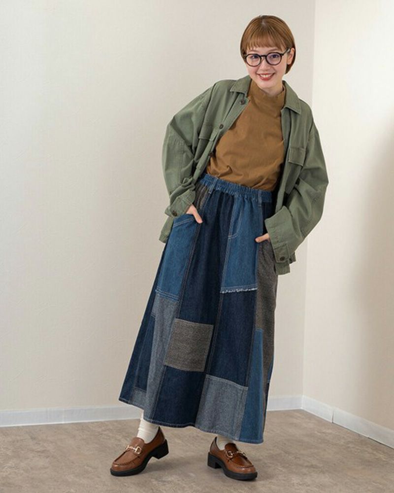 リメイク風パッチワークスカート デニム チェック コーデュロイ ウエストゴム 調整紐付き カジュアル ロングスカート