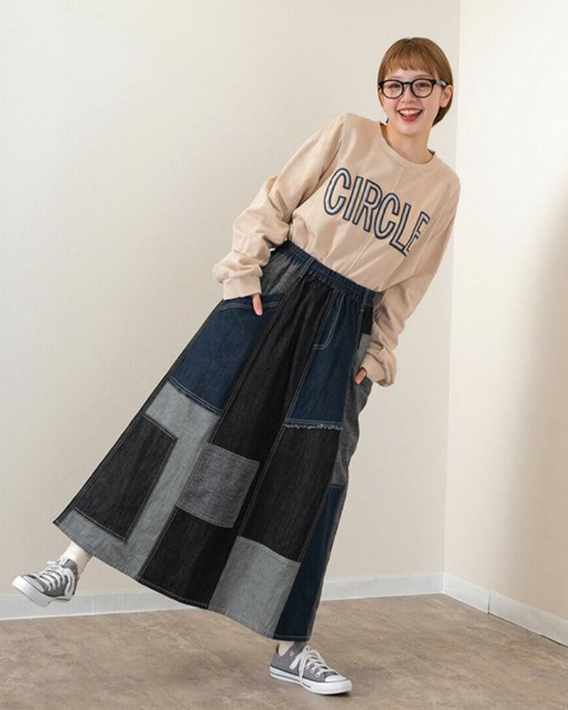 リメイク風パッチワークスカート デニム チェック コーデュロイ ウエストゴム 調整紐付き カジュアル ロングスカート