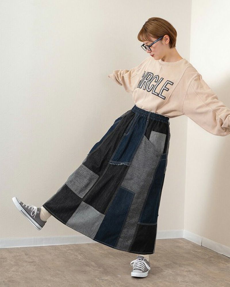 リメイク風パッチワークスカート デニム チェック コーデュロイ ウエストゴム 調整紐付き カジュアル ロングスカート