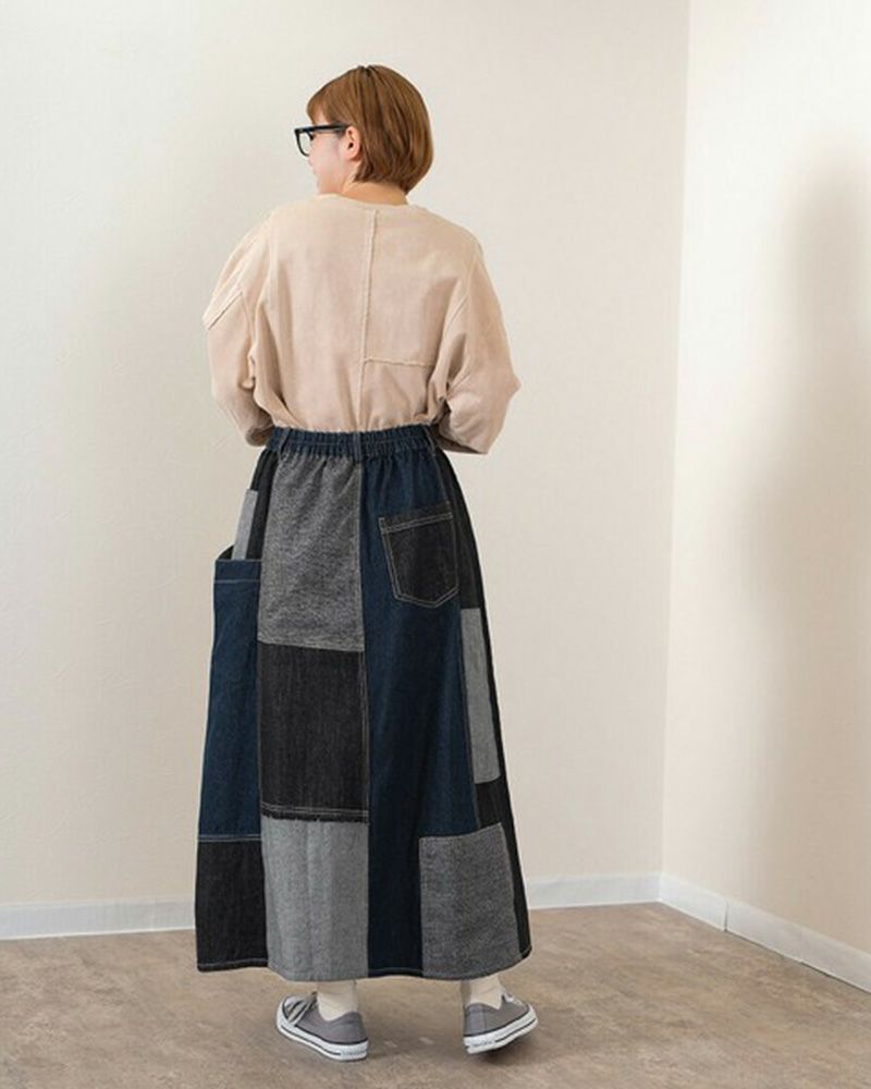 リメイク風パッチワークスカート デニム チェック コーデュロイ ウエストゴム 調整紐付き カジュアル ロングスカート