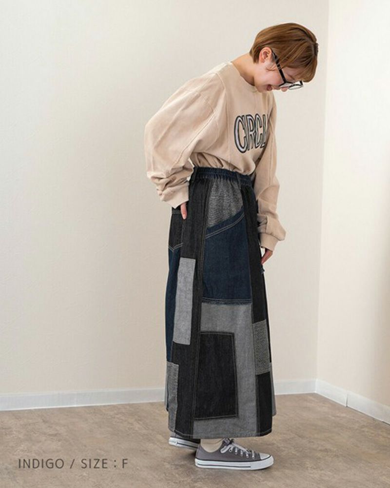 リメイク風パッチワークスカート デニム チェック コーデュロイ ウエストゴム 調整紐付き カジュアル ロングスカート