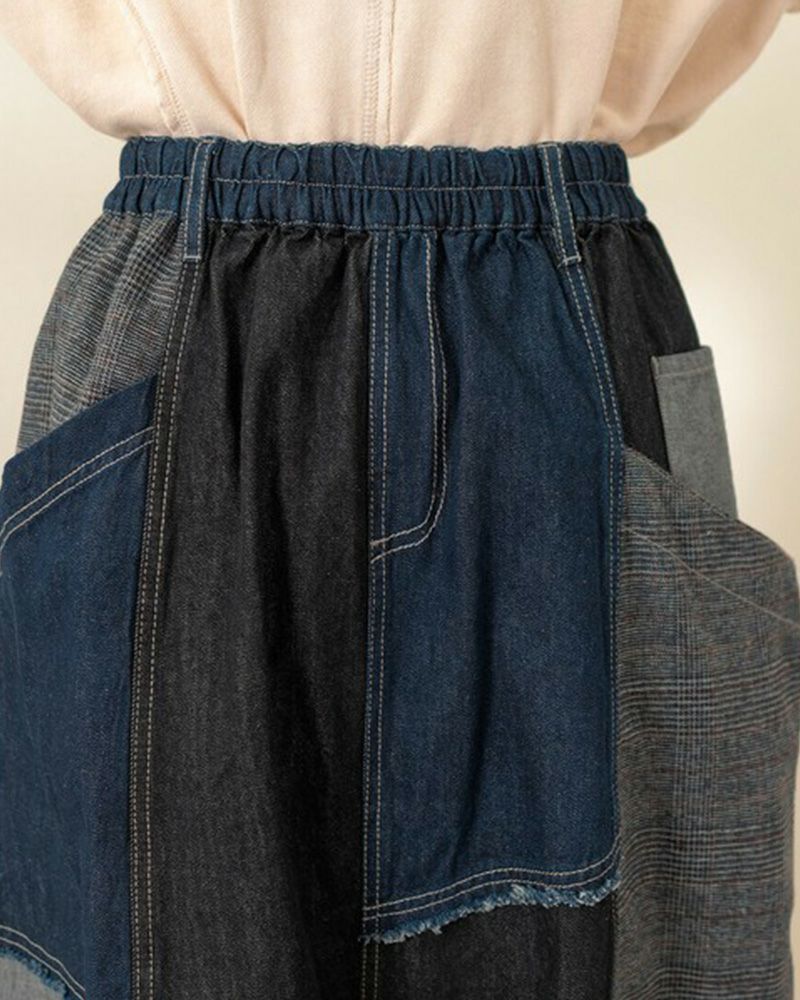 リメイク風パッチワークスカート デニム チェック コーデュロイ ウエストゴム 調整紐付き カジュアル ロングスカート