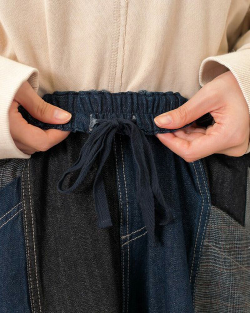 リメイク風パッチワークスカート デニム チェック コーデュロイ ウエストゴム 調整紐付き カジュアル ロングスカート