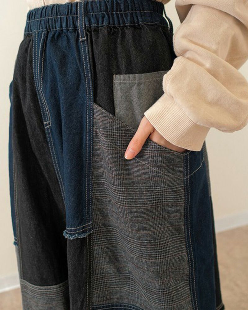 リメイク風パッチワークスカート デニム チェック コーデュロイ ウエストゴム 調整紐付き カジュアル ロングスカート