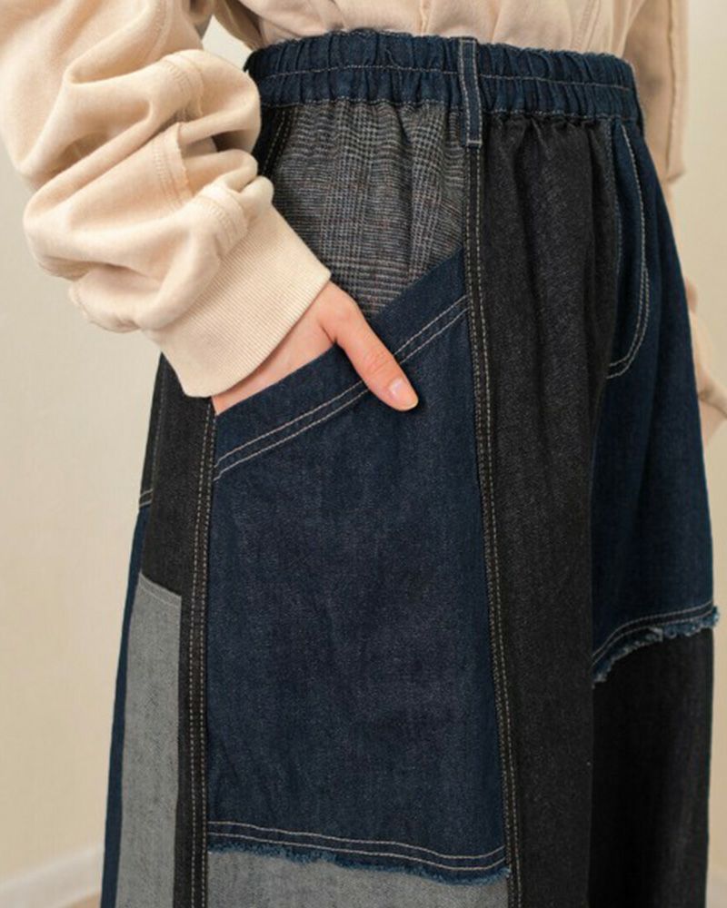 リメイク風パッチワークスカート デニム チェック コーデュロイ ウエストゴム 調整紐付き カジュアル ロングスカート