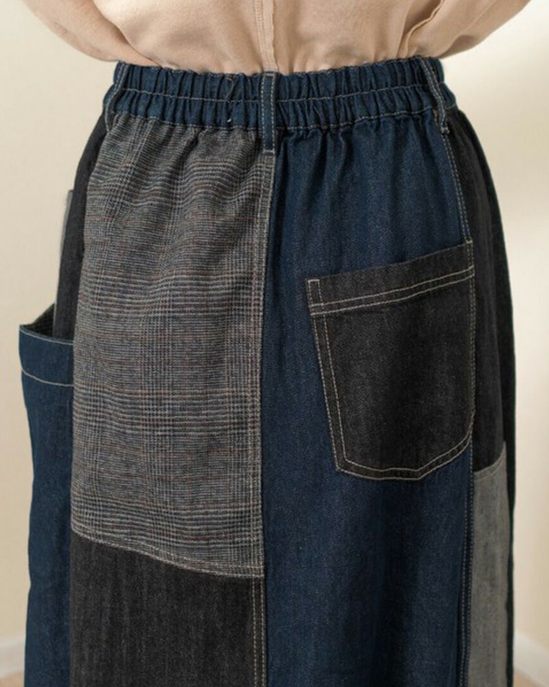 リメイク風パッチワークスカート デニム チェック コーデュロイ ウエストゴム 調整紐付き カジュアル ロングスカート