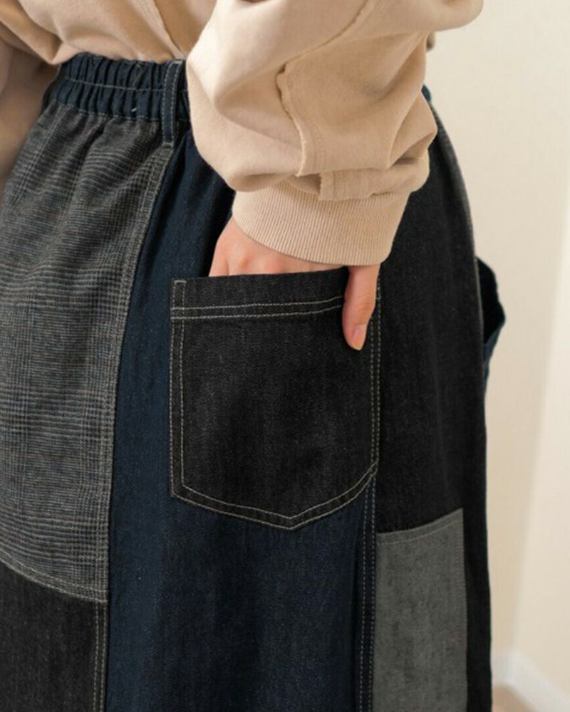 リメイク風パッチワークスカート デニム チェック コーデュロイ ウエストゴム 調整紐付き カジュアル ロングスカート