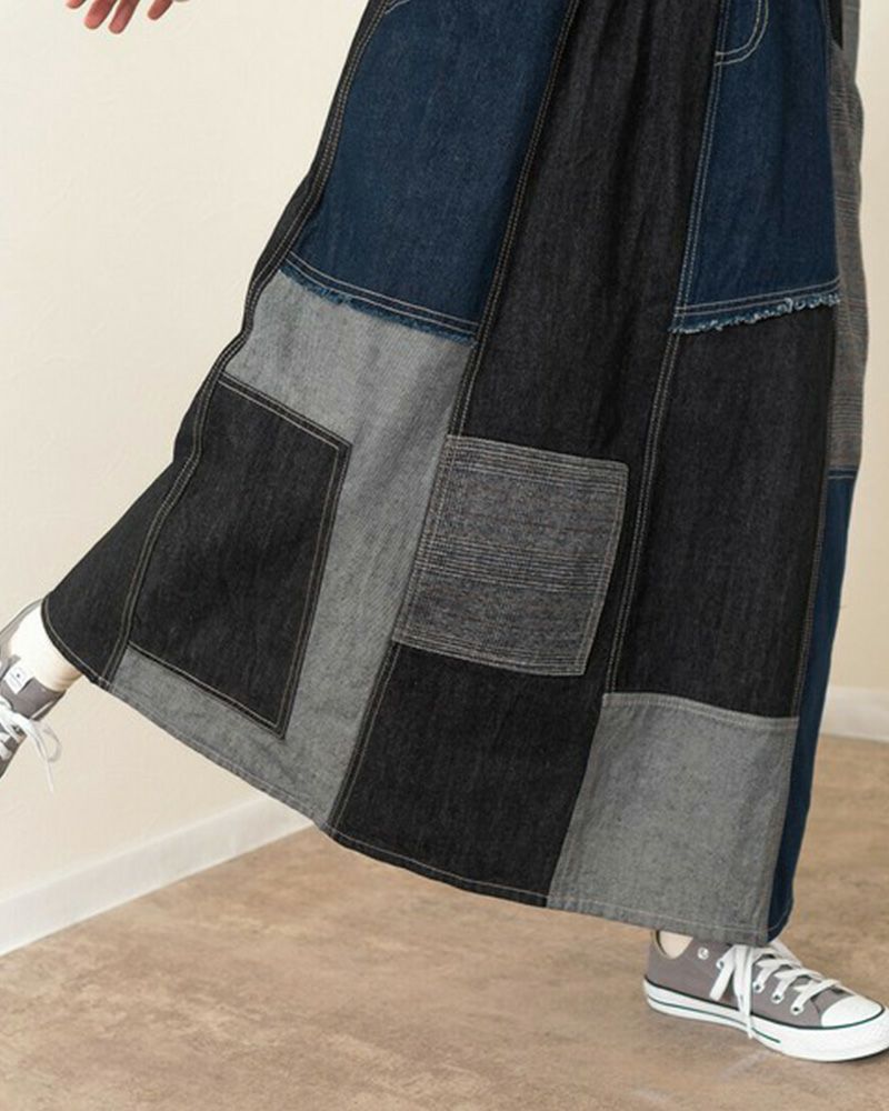 リメイク風パッチワークスカート デニム チェック コーデュロイ ウエストゴム 調整紐付き カジュアル ロングスカート