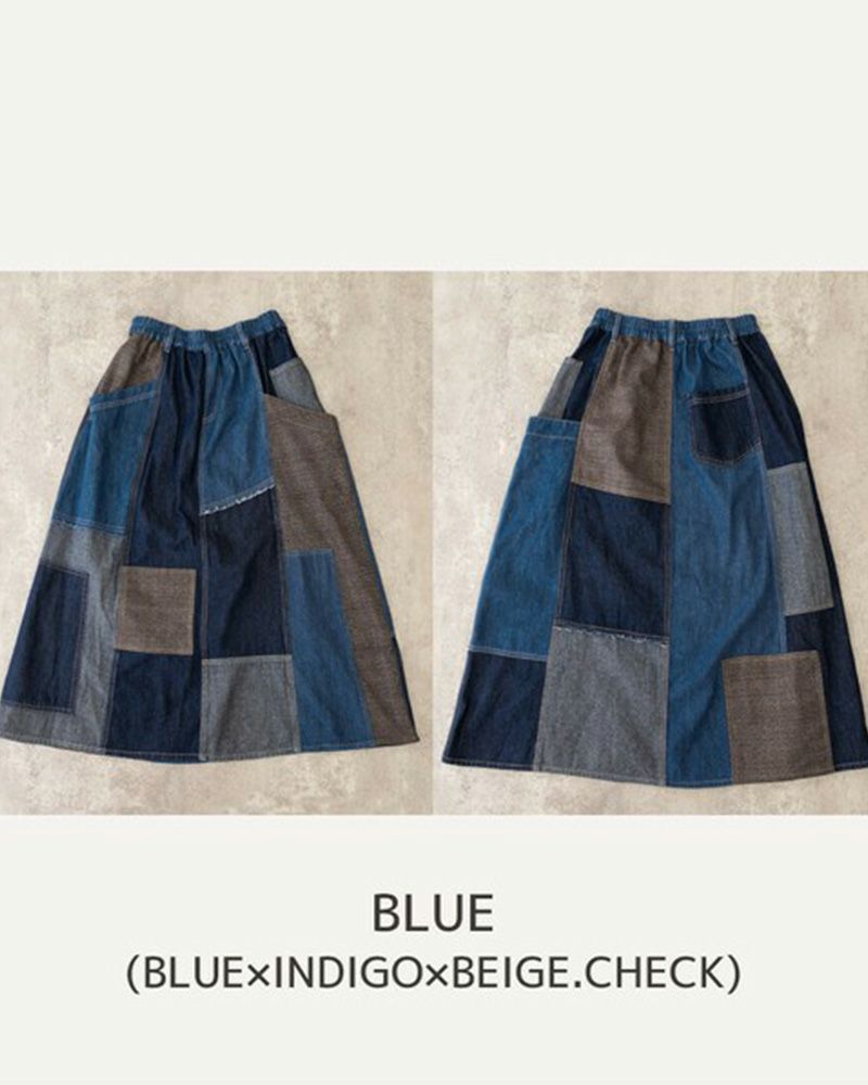 リメイク風パッチワークスカート デニム チェック コーデュロイ ウエストゴム 調整紐付き カジュアル ロングスカート