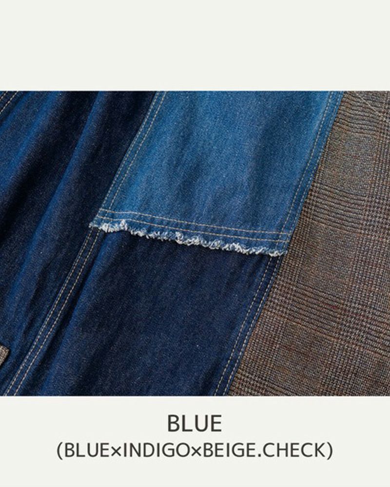 リメイク風パッチワークスカート デニム チェック コーデュロイ ウエストゴム 調整紐付き カジュアル ロングスカート