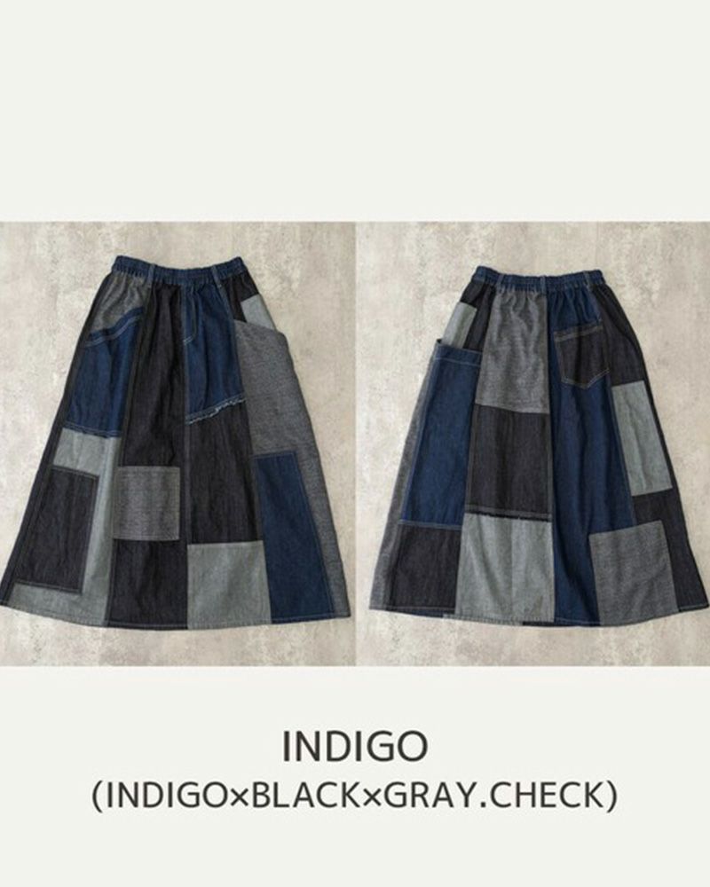 リメイク風パッチワークスカート デニム チェック コーデュロイ ウエストゴム 調整紐付き カジュアル ロングスカート