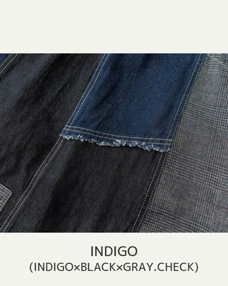 リメイク風パッチワークスカート デニム チェック コーデュロイ ウエストゴム 調整紐付き カジュアル ロングスカート