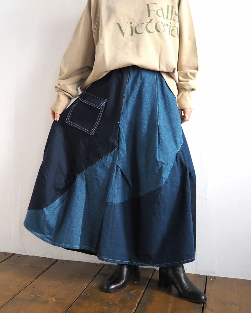 アシンメトリーリメイク風デニムスカート 配色デザイン ウエストゴム 調整紐付き ポケット付き カジュアル ロングスカート