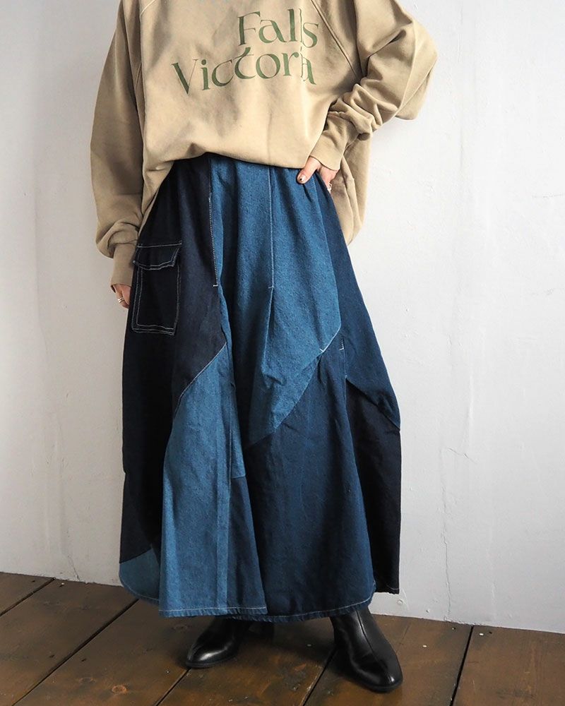 アシンメトリーリメイク風デニムスカート 配色デザイン ウエストゴム 調整紐付き ポケット付き カジュアル ロングスカート