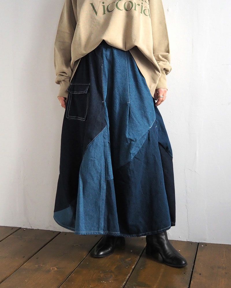 アシンメトリーリメイク風デニムスカート 配色デザイン ウエストゴム 調整紐付き ポケット付き カジュアル ロングスカート