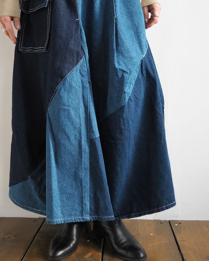 アシンメトリーリメイク風デニムスカート 配色デザイン ウエストゴム 調整紐付き ポケット付き カジュアル ロングスカート