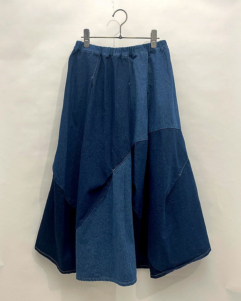 アシンメトリーリメイク風デニムスカート 配色デザイン ウエストゴム 調整紐付き ポケット付き カジュアル ロングスカート