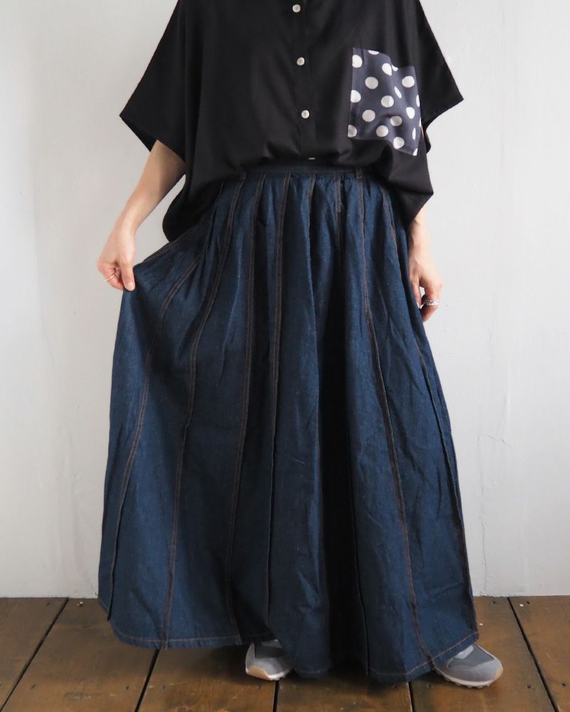 デニムスカート プリーツ入り 上品シルエット ウエストゴム 着回し抜群 大人カジュアル オールシーズン対応