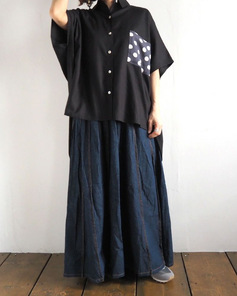 デニムスカート プリーツ入り 上品シルエット ウエストゴム 着回し抜群 大人カジュアル オールシーズン対応