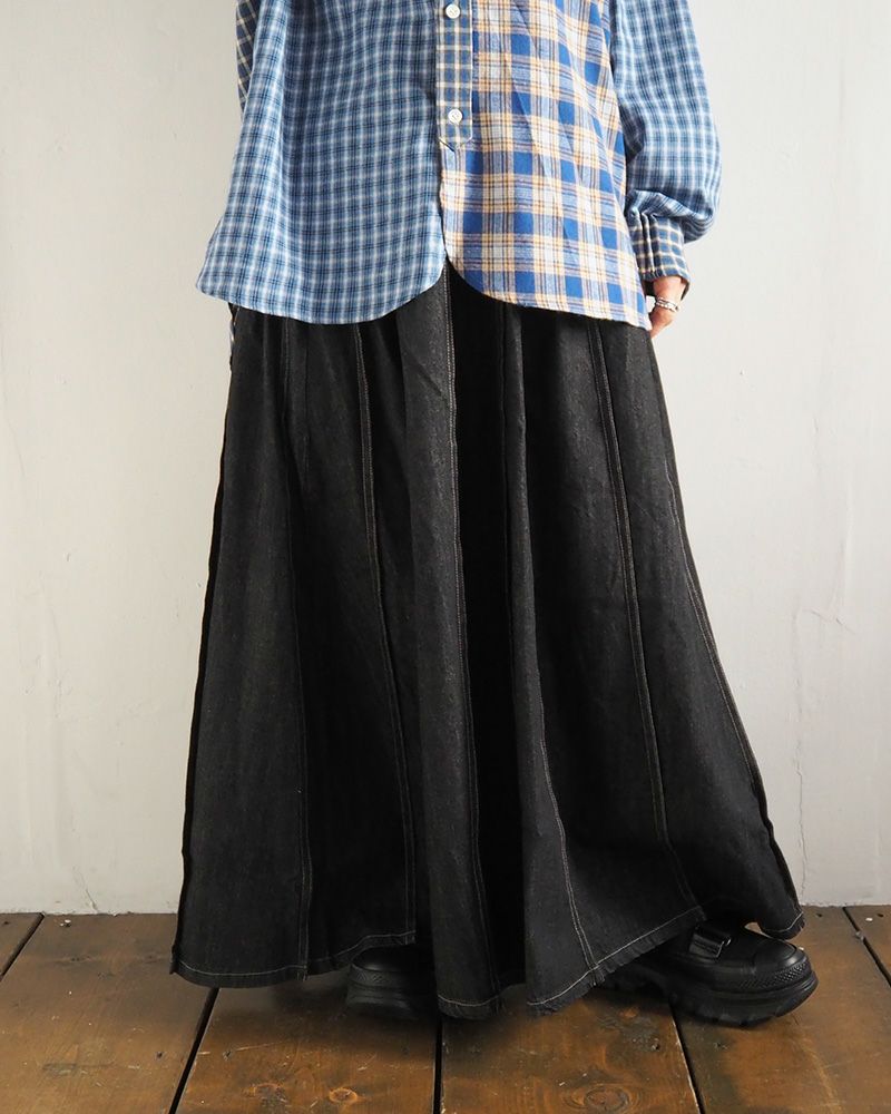 デニムスカート プリーツ入り 上品シルエット ウエストゴム 着回し抜群 大人カジュアル オールシーズン対応