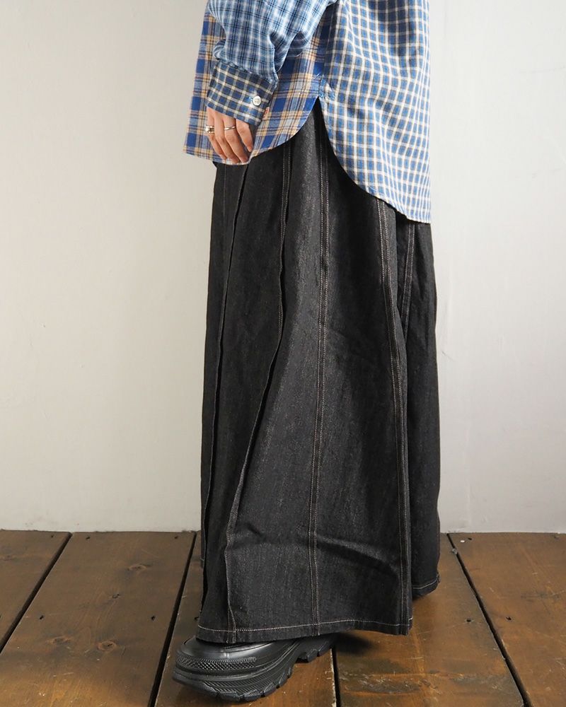 デニムスカート プリーツ入り 上品シルエット ウエストゴム 着回し抜群 大人カジュアル オールシーズン対応