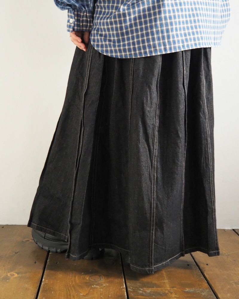 デニムスカート プリーツ入り 上品シルエット ウエストゴム 着回し抜群 大人カジュアル オールシーズン対応