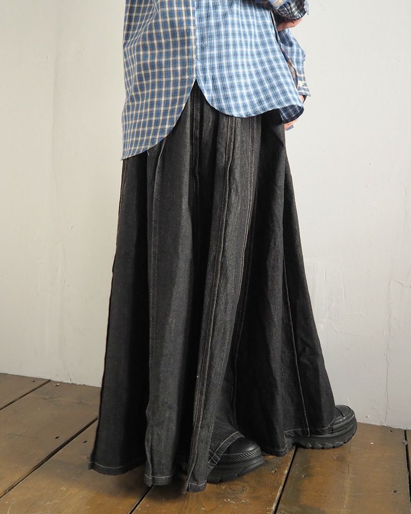 デニムスカート プリーツ入り 上品シルエット ウエストゴム 着回し抜群 大人カジュアル オールシーズン対応