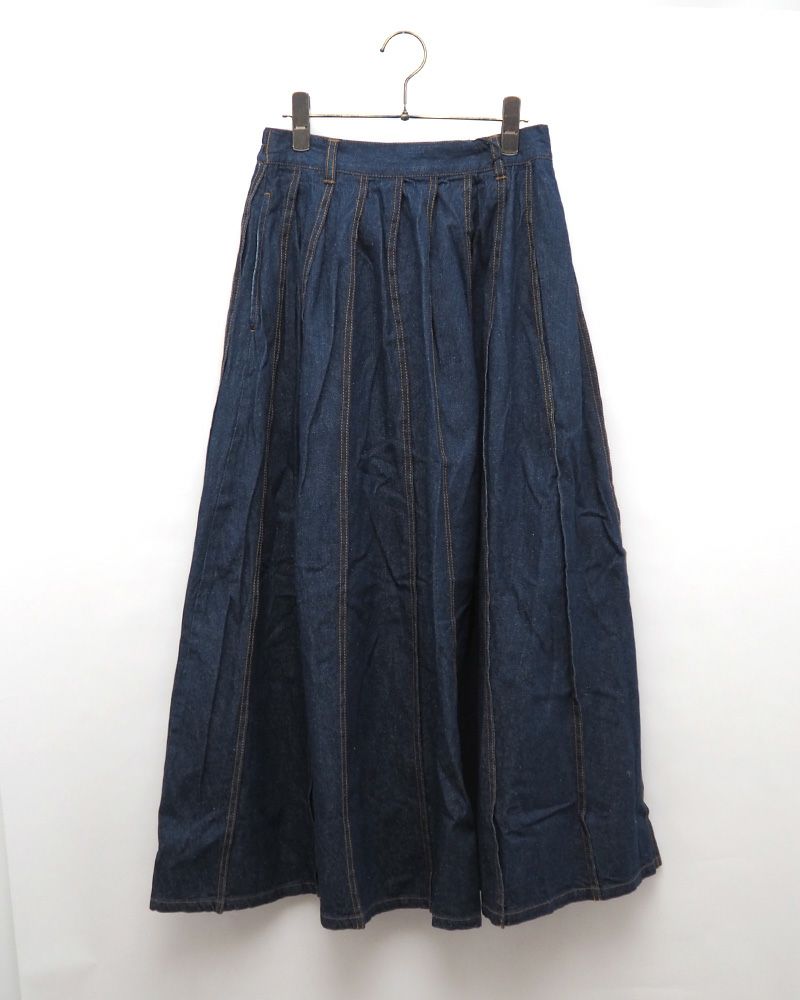 デニムスカート プリーツ入り 上品シルエット ウエストゴム 着回し抜群 大人カジュアル オールシーズン対応