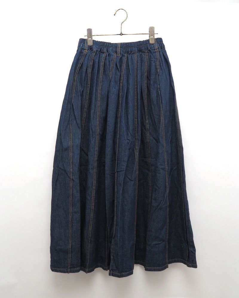 デニムスカート プリーツ入り 上品シルエット ウエストゴム 着回し抜群 大人カジュアル オールシーズン対応