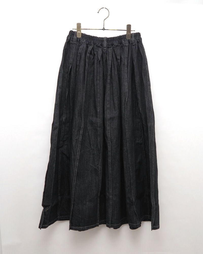 デニムスカート プリーツ入り 上品シルエット ウエストゴム 着回し抜群 大人カジュアル オールシーズン対応