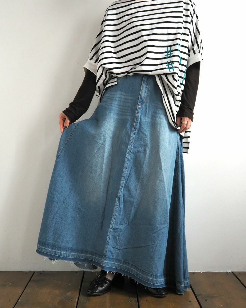 デニムフレアスカート ロング丈 ウエストゴム 切りっぱなし裾 ダメージ加工 カジュアル 甘辛MIX 着回し抜群
