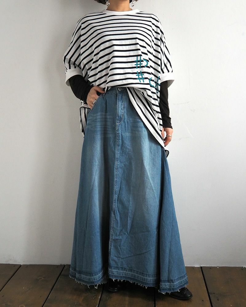 デニムフレアスカート ロング丈 ウエストゴム 切りっぱなし裾 ダメージ加工 カジュアル 甘辛MIX 着回し抜群