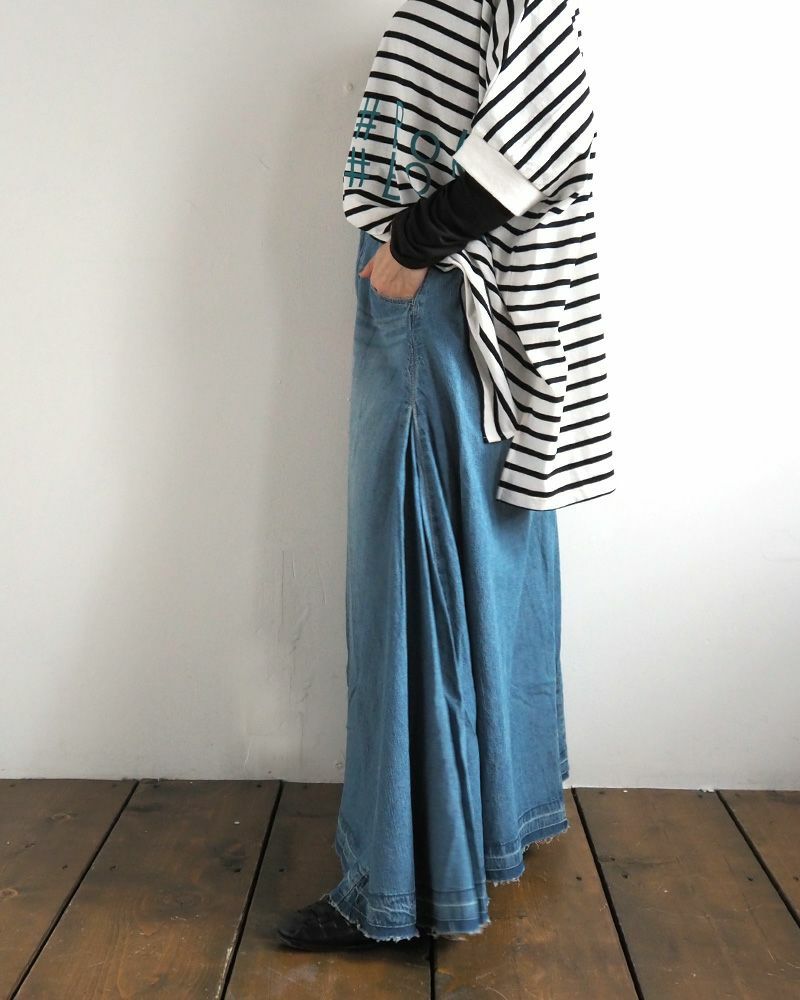 デニムフレアスカート ロング丈 ウエストゴム 切りっぱなし裾 ダメージ加工 カジュアル 甘辛MIX 着回し抜群