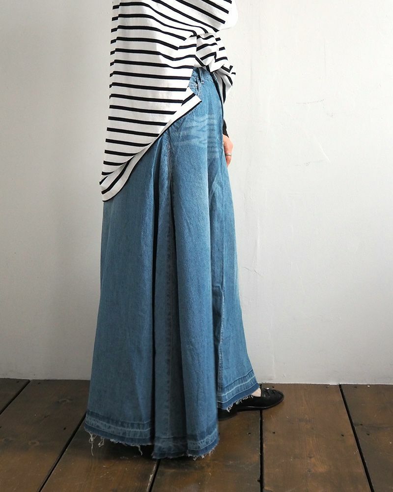 デニムフレアスカート ロング丈 ウエストゴム 切りっぱなし裾 ダメージ加工 カジュアル 甘辛MIX 着回し抜群