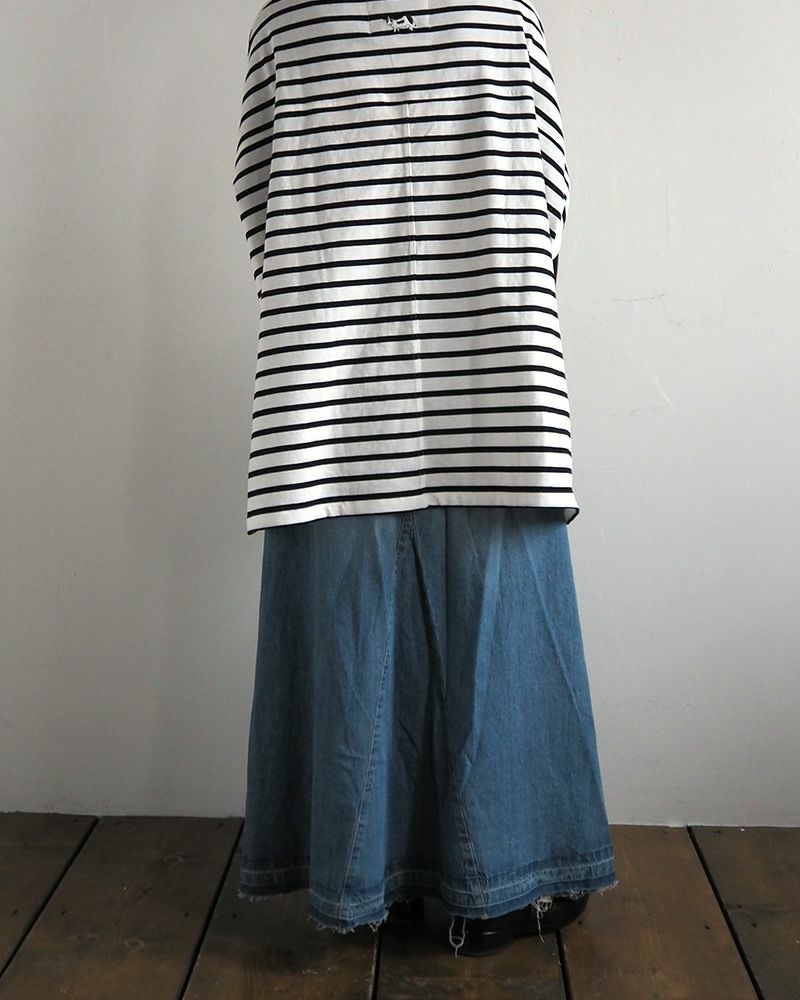 デニムフレアスカート ロング丈 ウエストゴム 切りっぱなし裾 ダメージ加工 カジュアル 甘辛MIX 着回し抜群
