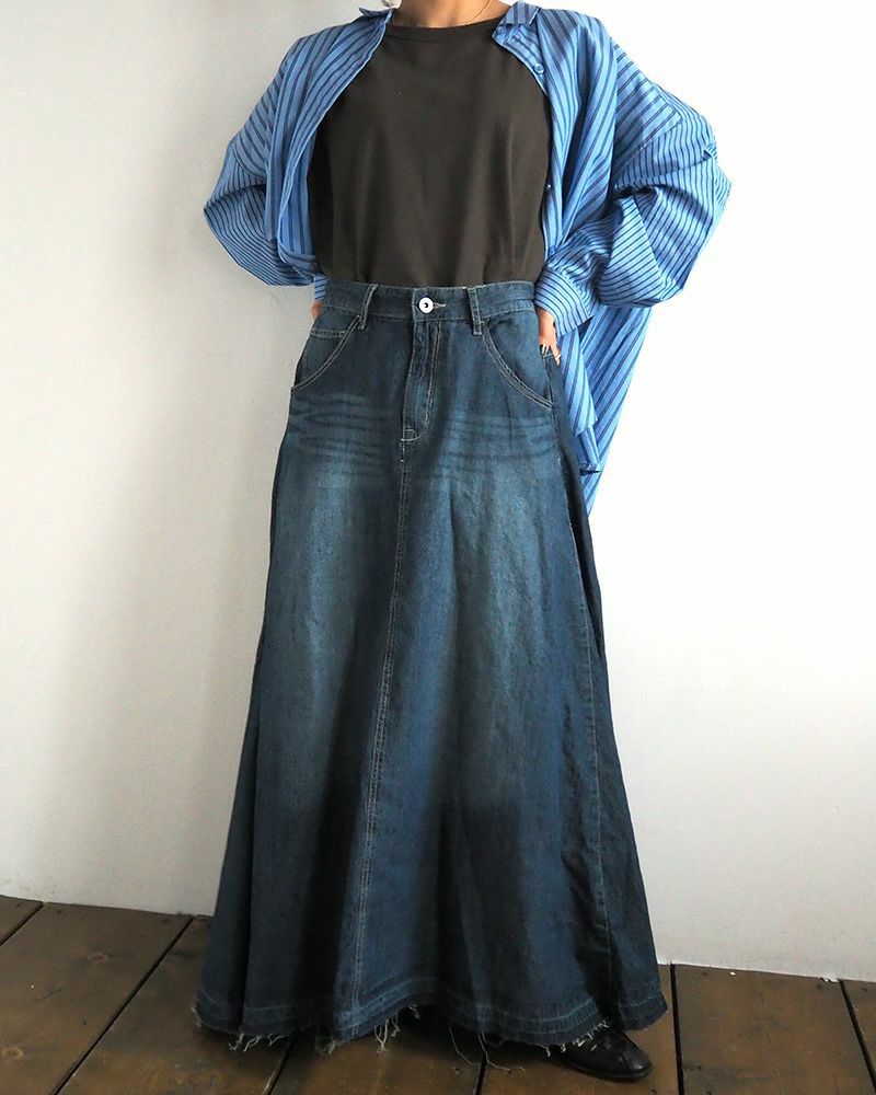 デニムフレアスカート ロング丈 ウエストゴム 切りっぱなし裾 ダメージ加工 カジュアル 甘辛MIX 着回し抜群