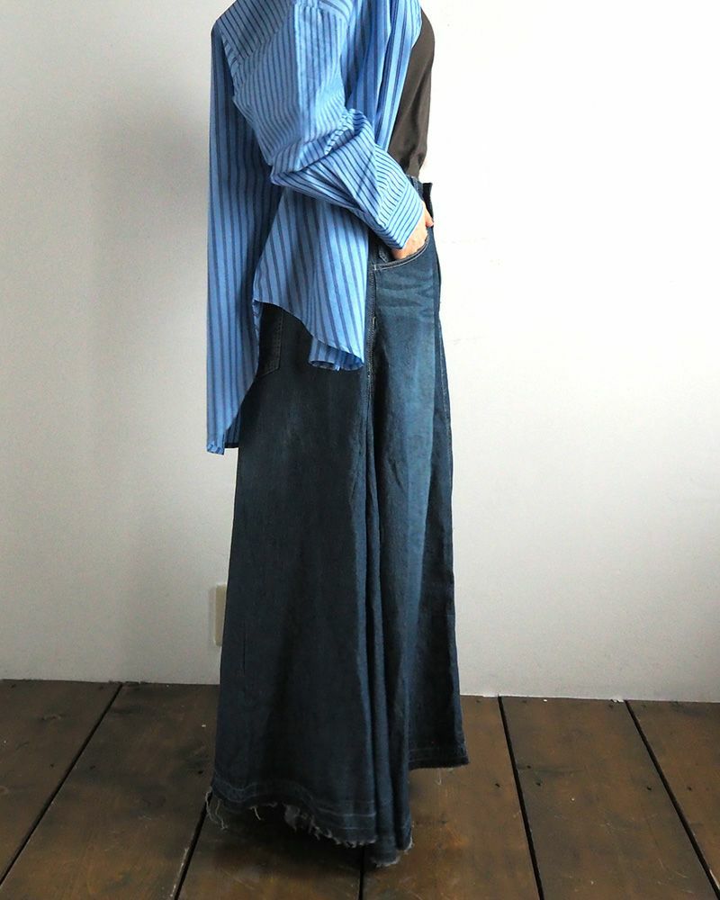 デニムフレアスカート ロング丈 ウエストゴム 切りっぱなし裾 ダメージ加工 カジュアル 甘辛MIX 着回し抜群