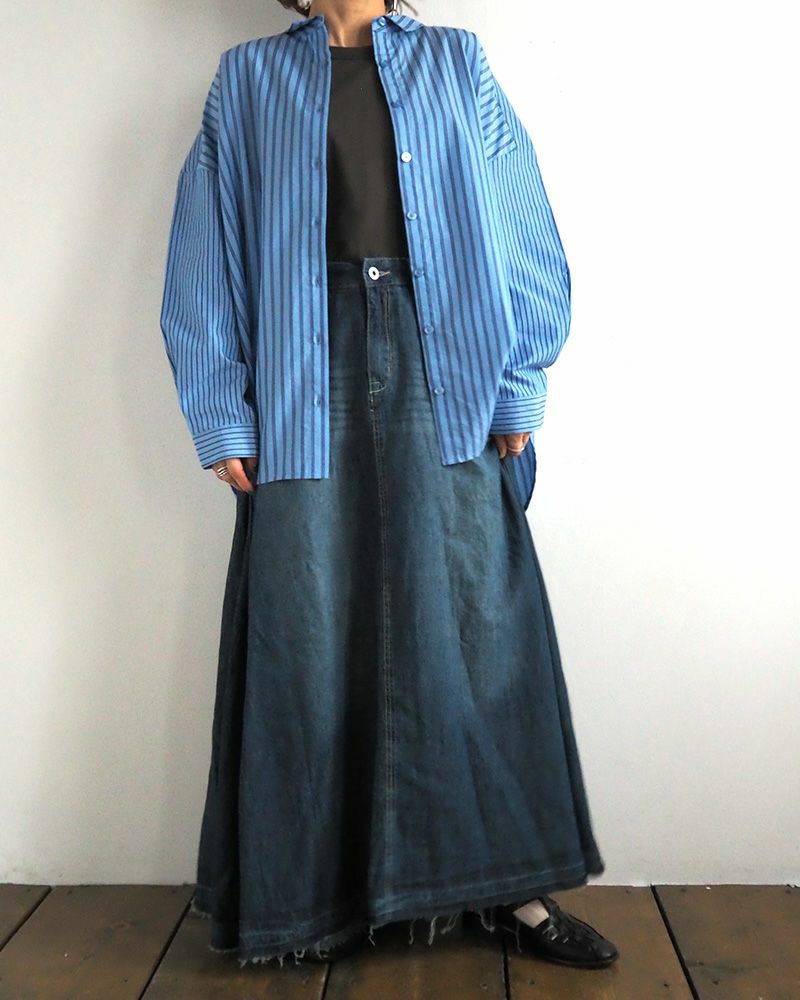 デニムフレアスカート ロング丈 ウエストゴム 切りっぱなし裾 ダメージ加工 カジュアル 甘辛MIX 着回し抜群