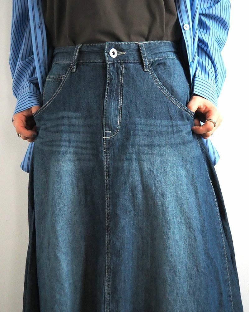 デニムフレアスカート ロング丈 ウエストゴム 切りっぱなし裾 ダメージ加工 カジュアル 甘辛MIX 着回し抜群