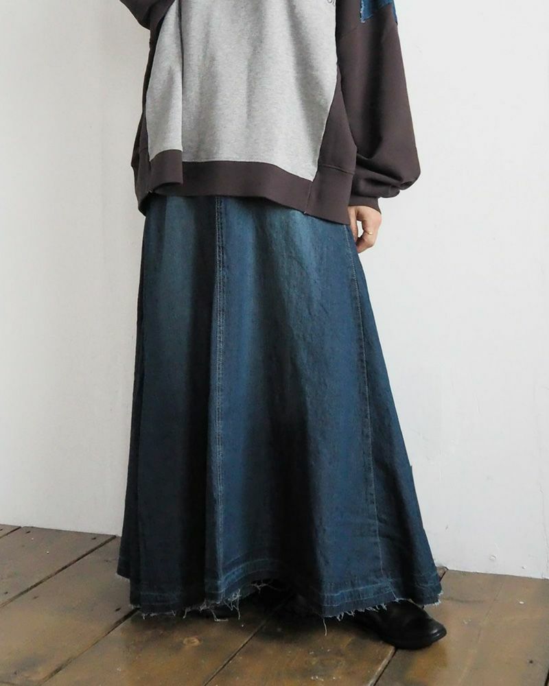 デニムフレアスカート ロング丈 ウエストゴム 切りっぱなし裾 ダメージ加工 カジュアル 甘辛MIX 着回し抜群