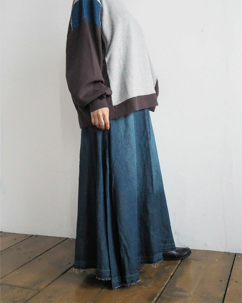 デニムフレアスカート ロング丈 ウエストゴム 切りっぱなし裾 ダメージ加工 カジュアル 甘辛MIX 着回し抜群