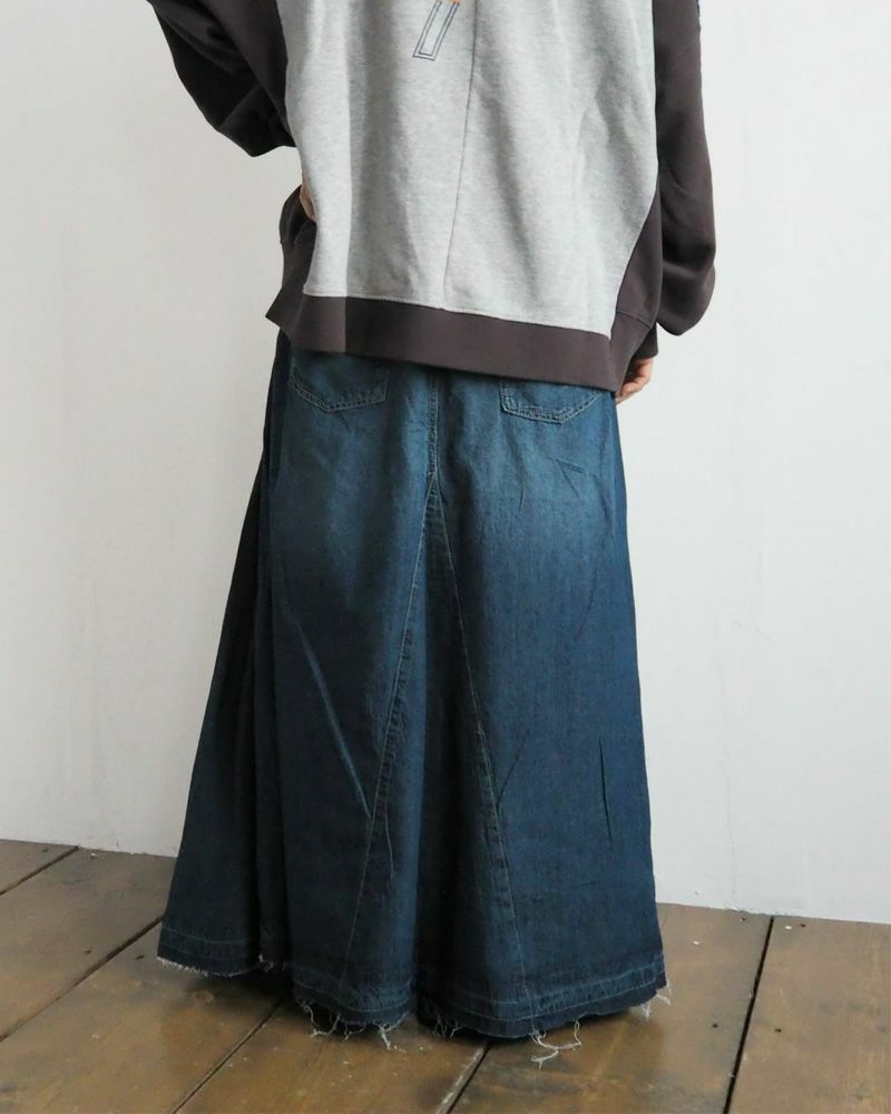デニムフレアスカート ロング丈 ウエストゴム 切りっぱなし裾 ダメージ加工 カジュアル 甘辛MIX 着回し抜群