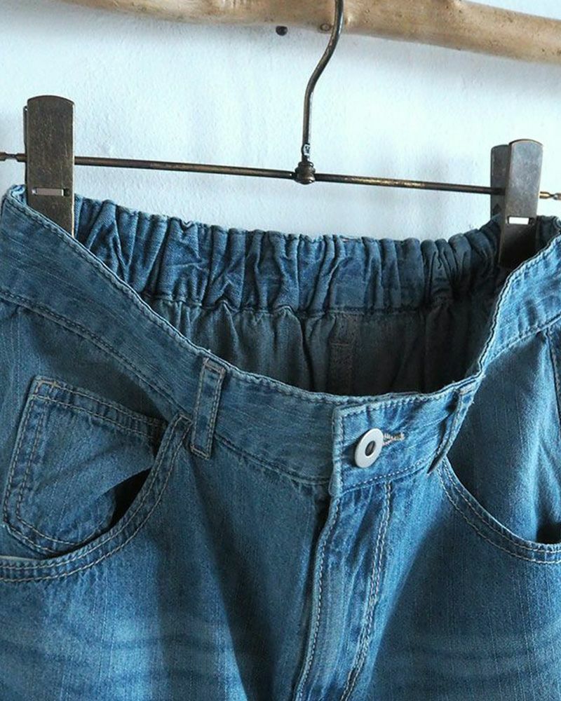 デニムフレアスカート ロング丈 ウエストゴム 切りっぱなし裾 ダメージ加工 カジュアル 甘辛MIX 着回し抜群