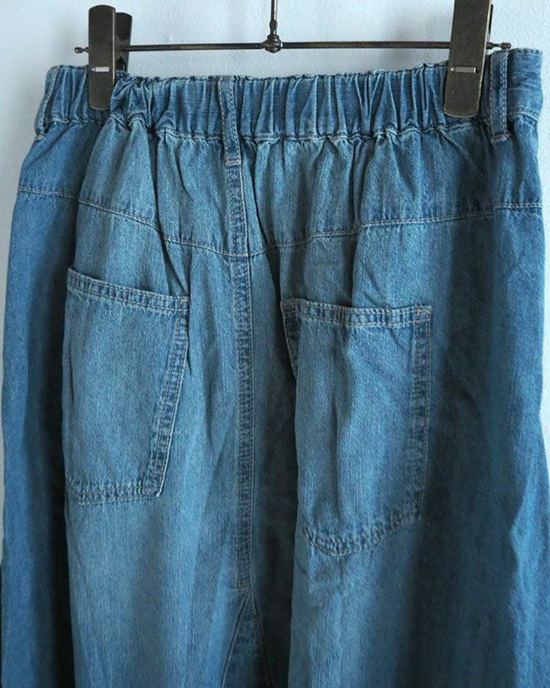 デニムフレアスカート ロング丈 ウエストゴム 切りっぱなし裾 ダメージ加工 カジュアル 甘辛MIX 着回し抜群