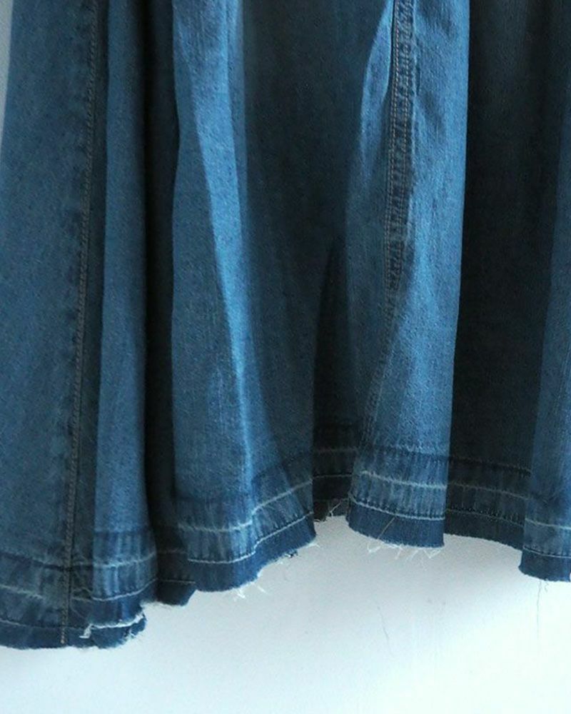 デニムフレアスカート ロング丈 ウエストゴム 切りっぱなし裾 ダメージ加工 カジュアル 甘辛MIX 着回し抜群