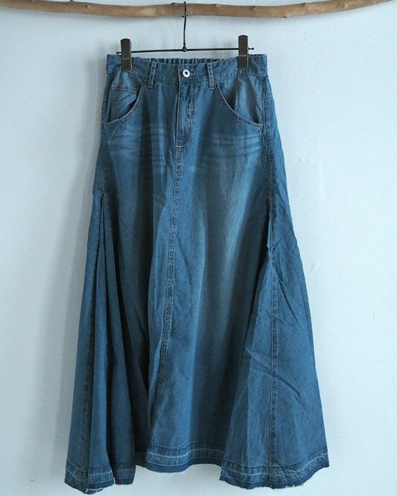 デニムフレアスカート ロング丈 ウエストゴム 切りっぱなし裾 ダメージ加工 カジュアル 甘辛MIX 着回し抜群